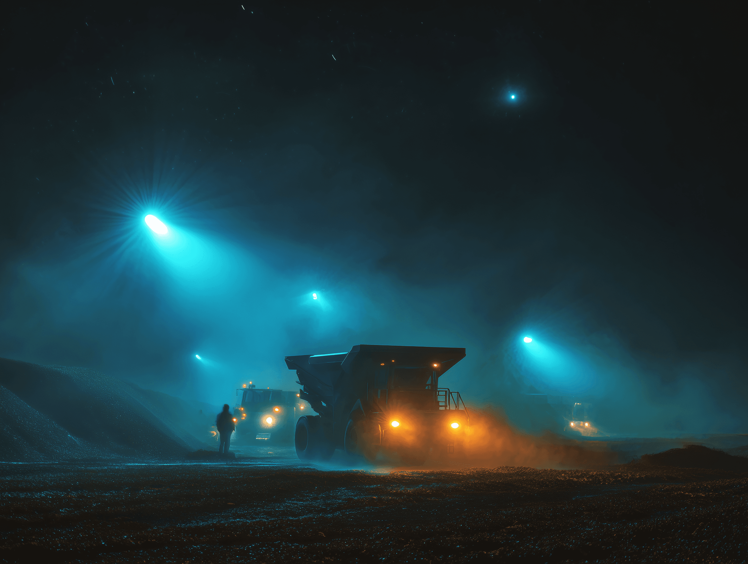 Mobile crushing operation lit by floodlights at night with haul trucks moving material