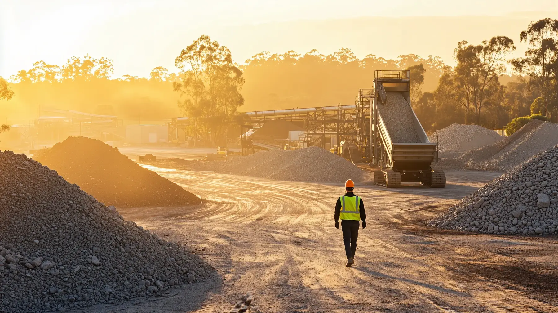 Long-term contract crushing operation in a Victorian recycled materials yard at golden hour