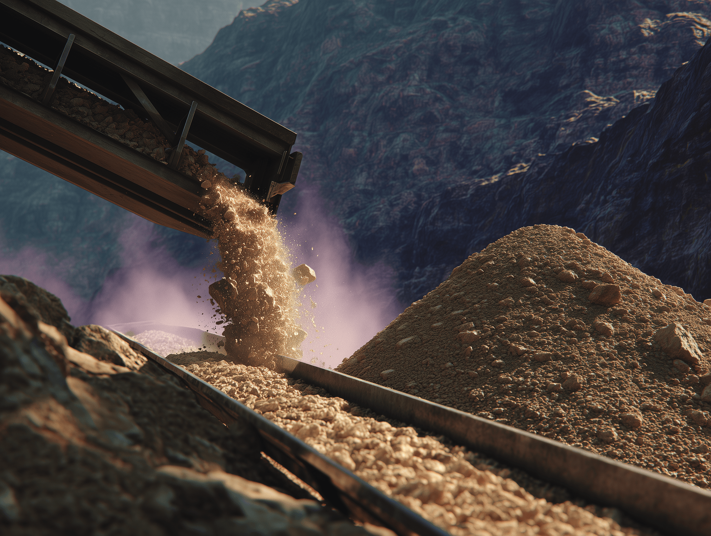 Close-up of conveyor discharging crushed aggregate into a stockpile