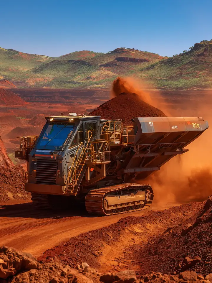 Tracked mobile crusher discharging fresh ore on a Western Australian mining campaign