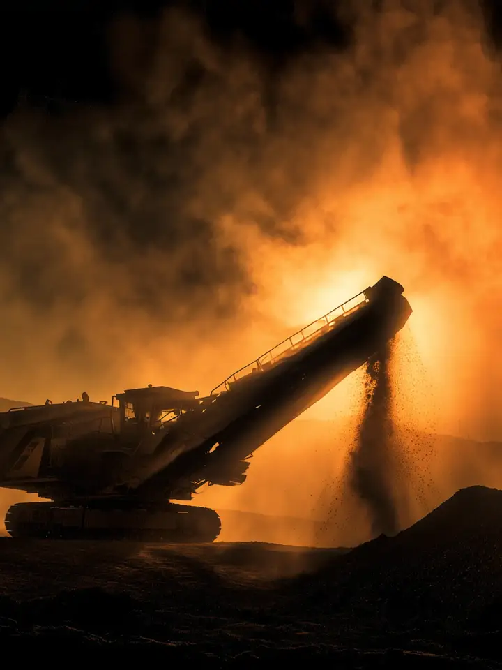 Mobile jaw crusher silhouetted against a backlit sunset