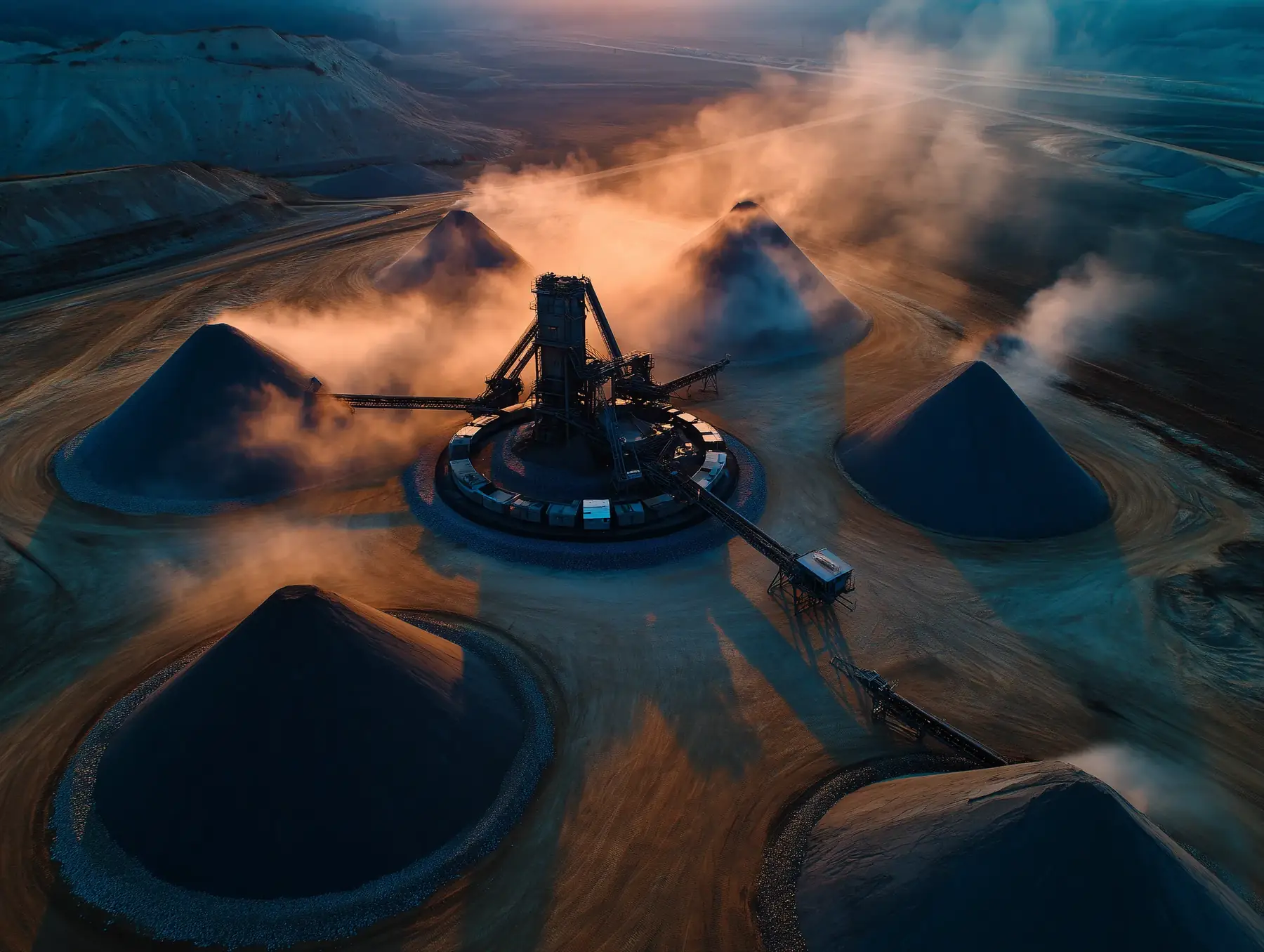 Aerial of a multi-stockpile crushing operation at dawn signalling scale and continuous production