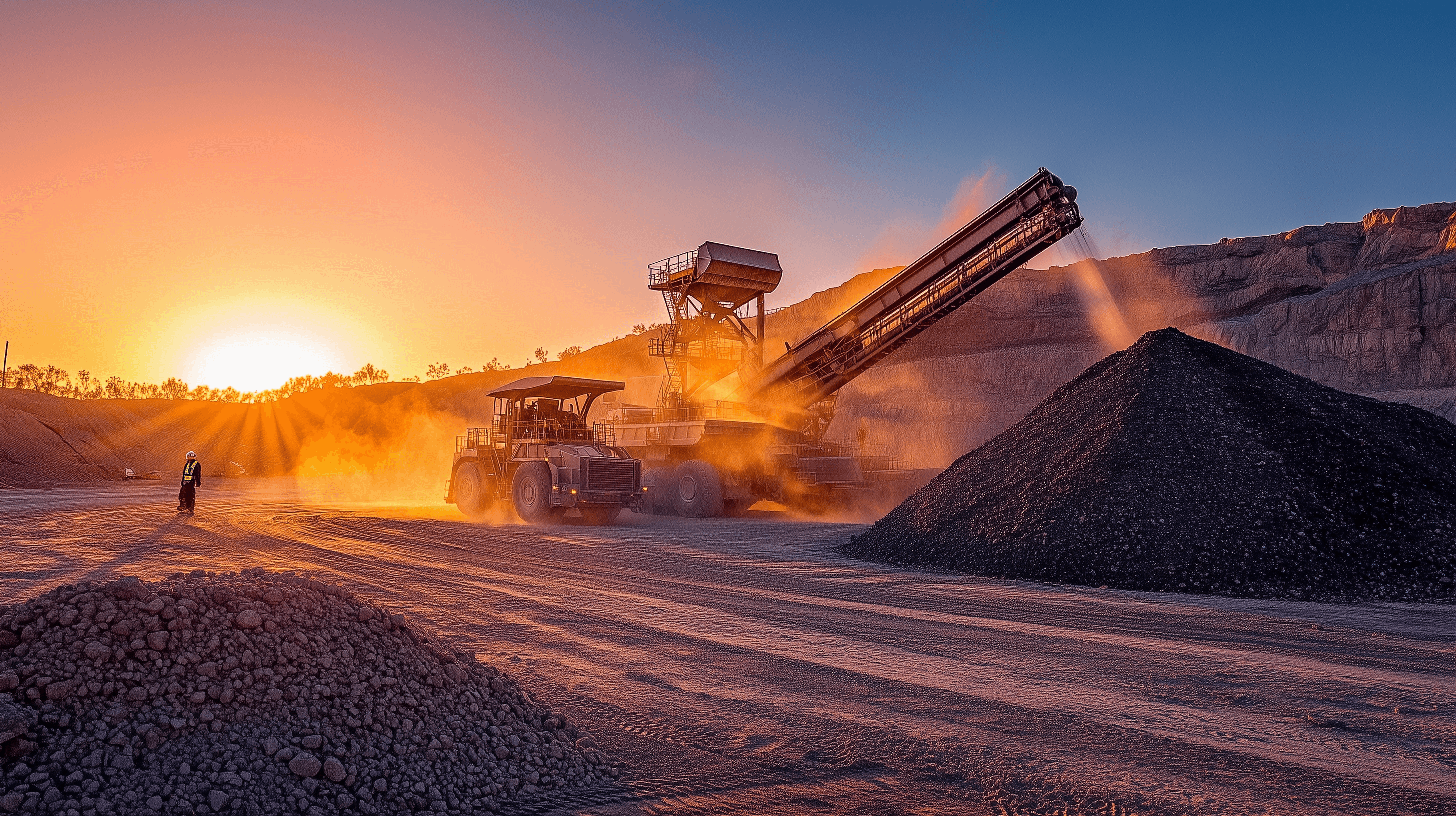 Wide cinematic shot of a multi-stage mobile crushing circuit at dawn